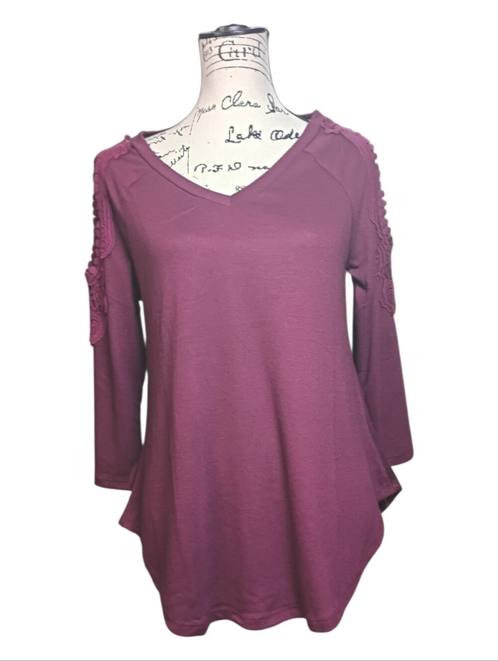 #1145 IRIS Plum Crochet Lace Sleeve Tunic Top Boho V-Neck 3/4 Sleeve